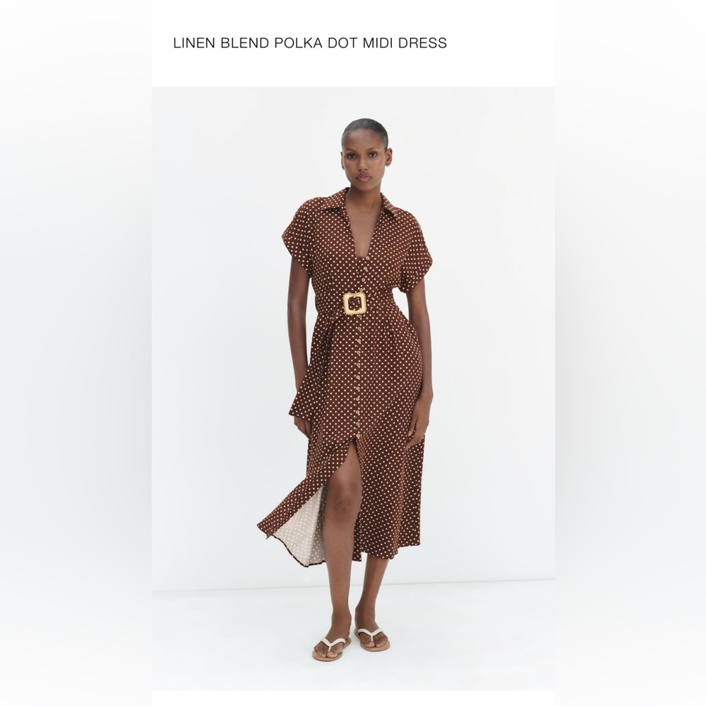 Linen blend polka dot midi dress in brown.